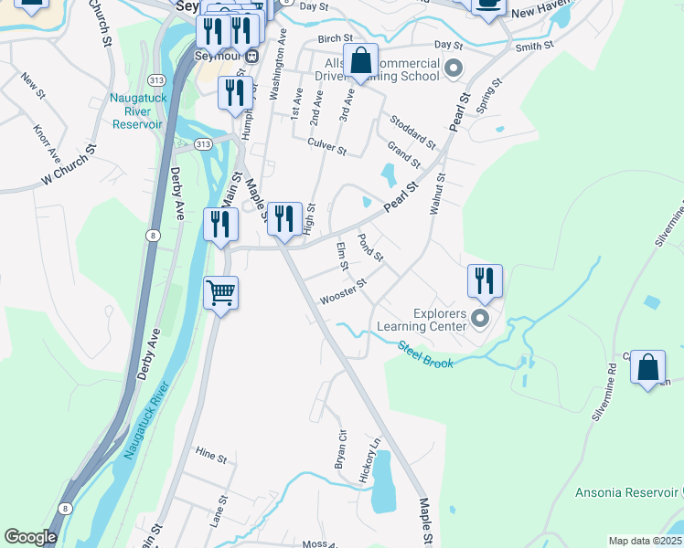 map of restaurants, bars, coffee shops, grocery stores, and more near 19 Elm Street in Seymour