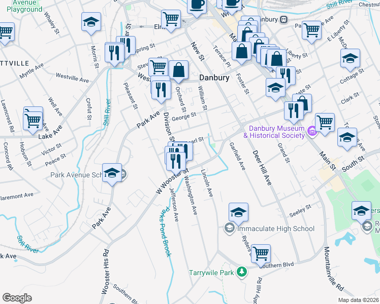 map of restaurants, bars, coffee shops, grocery stores, and more near 14 East Pearl Street in Danbury