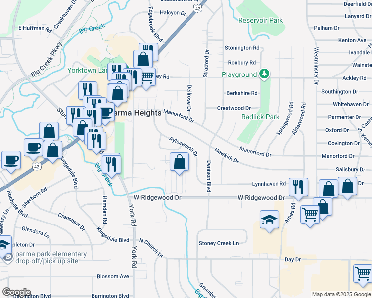 map of restaurants, bars, coffee shops, grocery stores, and more near 6493 Aylesworth Drive in Parma Heights