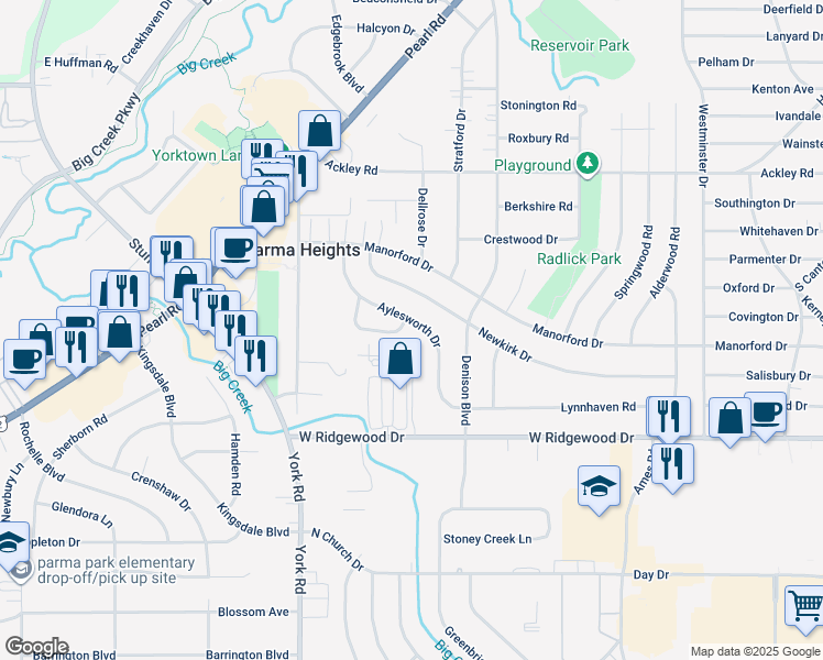 map of restaurants, bars, coffee shops, grocery stores, and more near 6470 Aylesworth Drive in Parma Heights