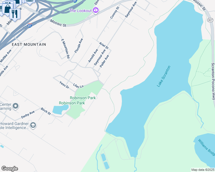 map of restaurants, bars, coffee shops, grocery stores, and more near 100 Lakeview Drive in Scranton