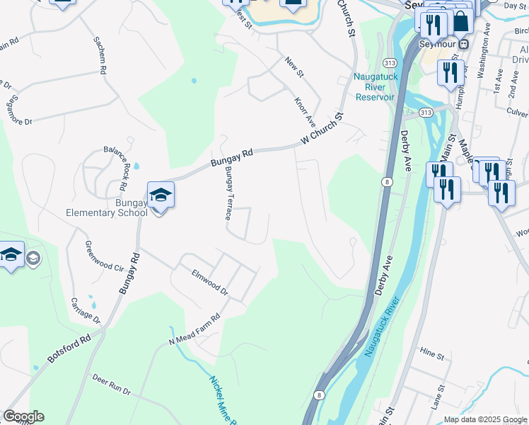 map of restaurants, bars, coffee shops, grocery stores, and more near 37 Bungay Terrace in Seymour