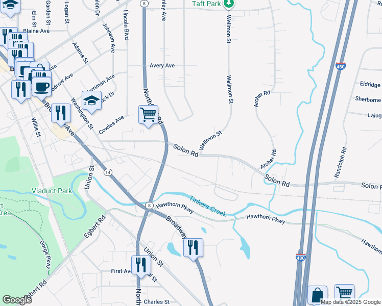 map of restaurants, bars, coffee shops, grocery stores, and more near 204 Solon Road in Bedford