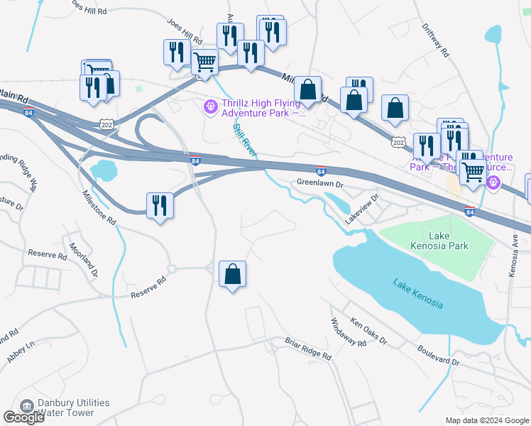 map of restaurants, bars, coffee shops, grocery stores, and more near 802 Larson Drive in Danbury