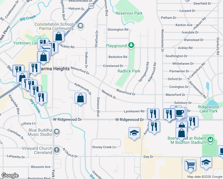 map of restaurants, bars, coffee shops, grocery stores, and more near 9453 Manorford Drive in Parma Heights