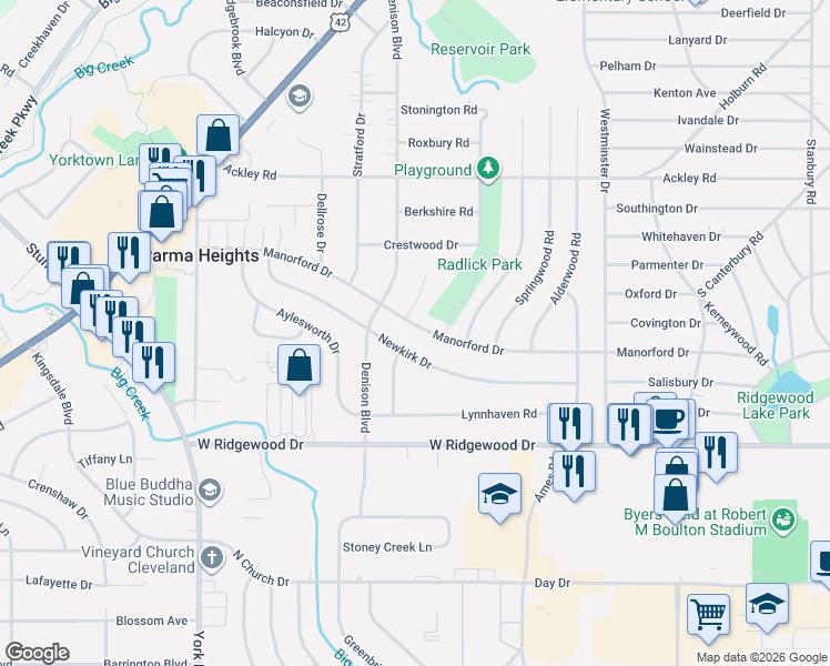 map of restaurants, bars, coffee shops, grocery stores, and more near 9497 Manorford Drive in Parma Heights
