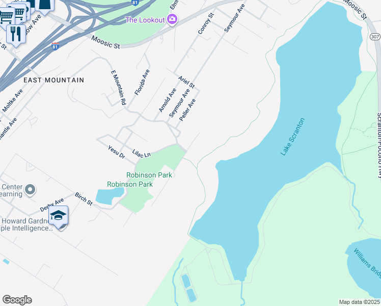 map of restaurants, bars, coffee shops, grocery stores, and more near 100 Lakeview Drive in Scranton