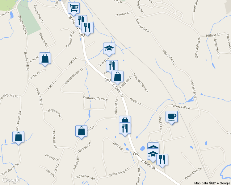 map of restaurants, bars, coffee shops, grocery stores, and more near 1 Cedar Hill Road in Newtown