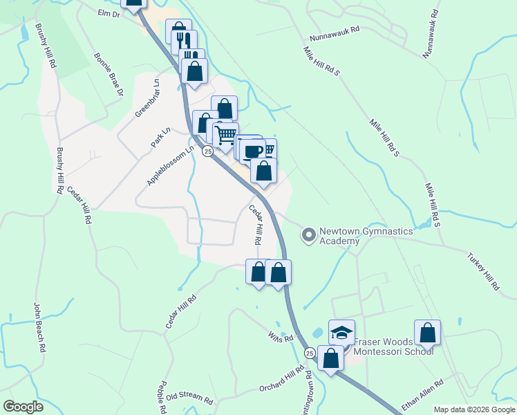 map of restaurants, bars, coffee shops, grocery stores, and more near 1 Cedar Hill Road in Newtown