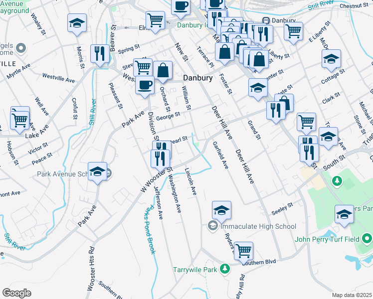 map of restaurants, bars, coffee shops, grocery stores, and more near 5 Spruce Street in Danbury