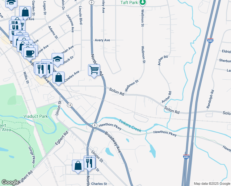 map of restaurants, bars, coffee shops, grocery stores, and more near 204 Solon Road in Bedford