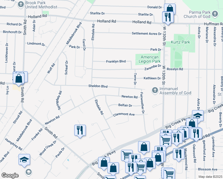 map of restaurants, bars, coffee shops, grocery stores, and more near 13819 Sheldon Rd in Middleburg Heights