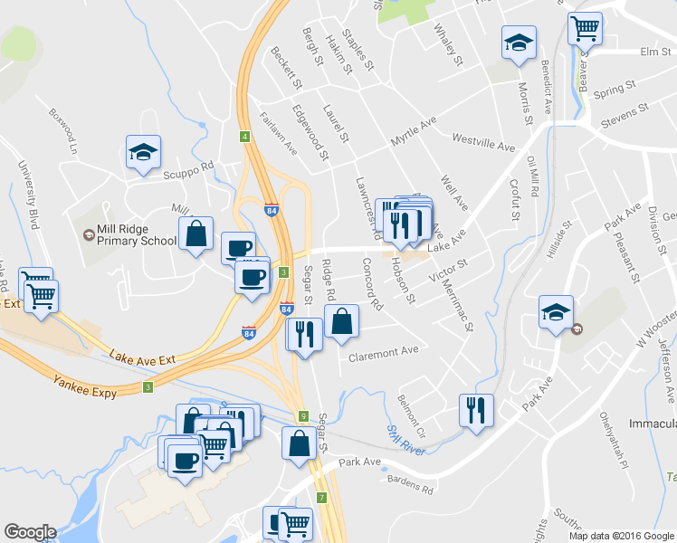 map of restaurants, bars, coffee shops, grocery stores, and more near 1 Lexington Avenue in Danbury