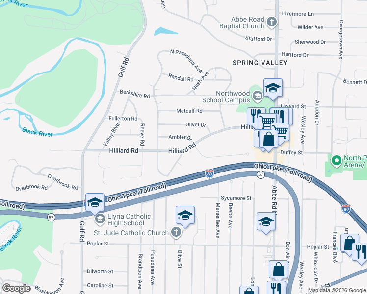 map of restaurants, bars, coffee shops, grocery stores, and more near 434 Hilliard Road in Elyria