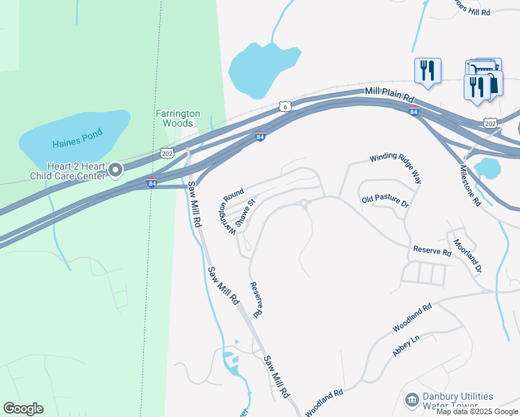 map of restaurants, bars, coffee shops, grocery stores, and more near 36 Warrington Round in Danbury