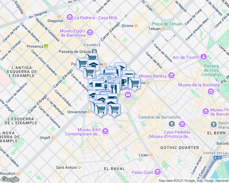 map of restaurants, bars, coffee shops, grocery stores, and more near 6 Rambla de Catalunya in Barcelona