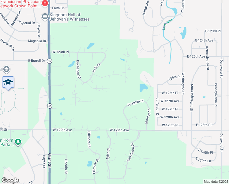 map of restaurants, bars, coffee shops, grocery stores, and more near 12649 Van Buren Street in Crown Point