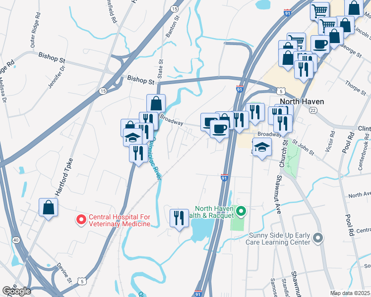 map of restaurants, bars, coffee shops, grocery stores, and more near 5 Philip Place in North Haven