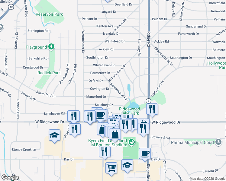 map of restaurants, bars, coffee shops, grocery stores, and more near 6473 South Canterbury Road in Parma
