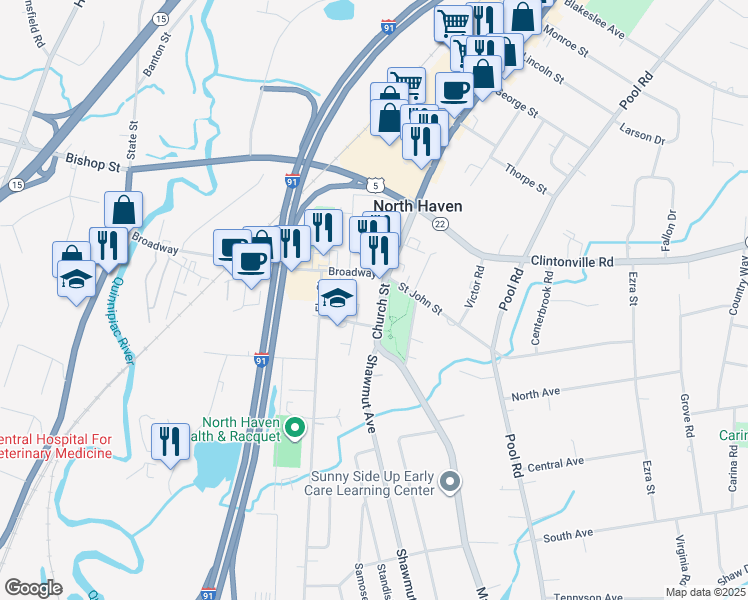 map of restaurants, bars, coffee shops, grocery stores, and more near 18 Church Street in North Haven