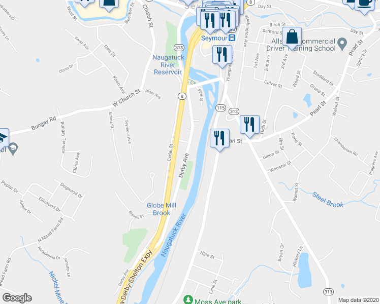 map of restaurants, bars, coffee shops, grocery stores, and more near 95 Derby Avenue in Seymour