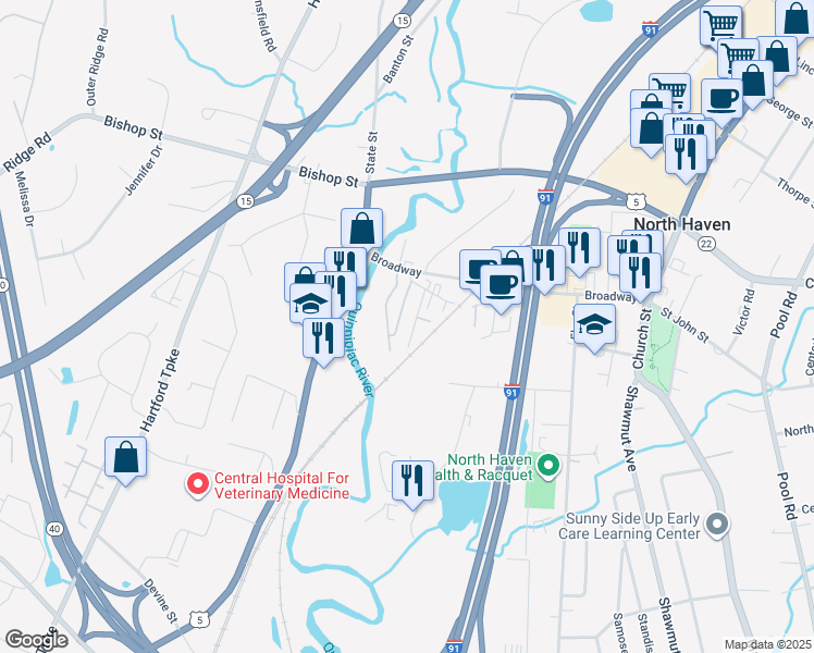 map of restaurants, bars, coffee shops, grocery stores, and more near 5 Philip Place in North Haven