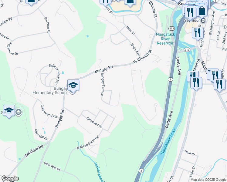 map of restaurants, bars, coffee shops, grocery stores, and more near 37 Bungay Terrace in Seymour