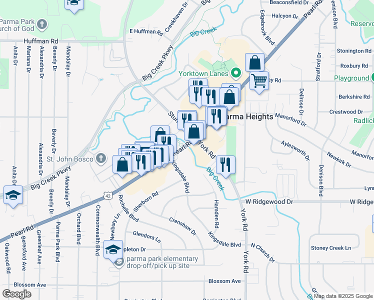 map of restaurants, bars, coffee shops, grocery stores, and more near 6338 Pearl Road in Parma Heights