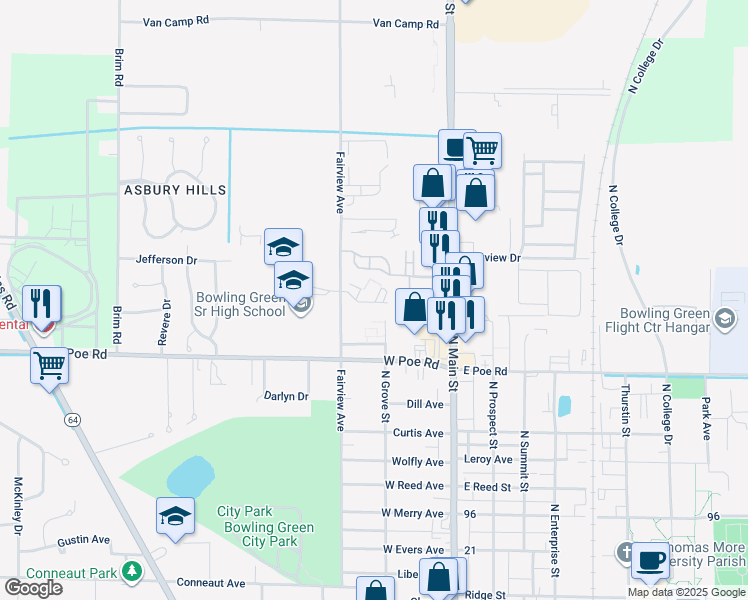 map of restaurants, bars, coffee shops, grocery stores, and more near 1074 Fairview Avenue in Bowling Green