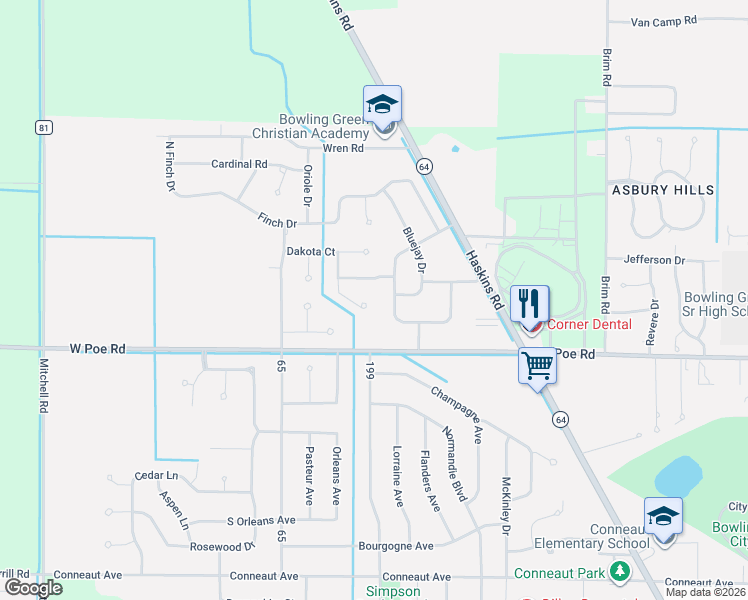 map of restaurants, bars, coffee shops, grocery stores, and more near 1231 Quail Hollow Drive in Bowling Green