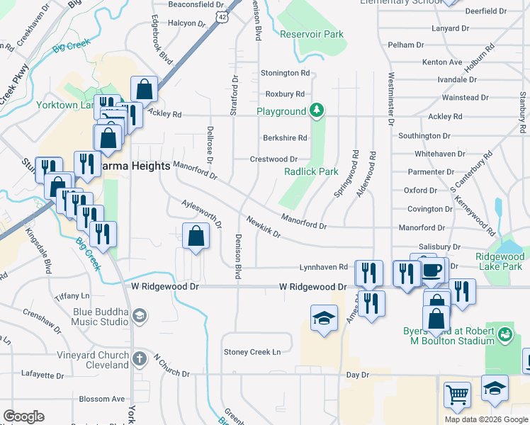 map of restaurants, bars, coffee shops, grocery stores, and more near 9497 Manorford Drive in Parma Heights
