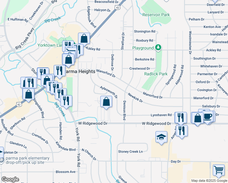 map of restaurants, bars, coffee shops, grocery stores, and more near 6493 Aylesworth Drive in Parma Heights