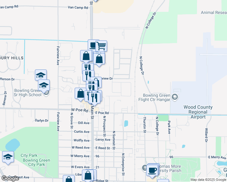 map of restaurants, bars, coffee shops, grocery stores, and more near 26 Park View M H P Road 1 in Bowling Green