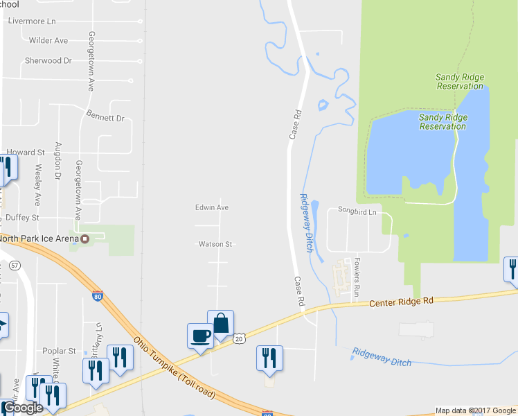 map of restaurants, bars, coffee shops, grocery stores, and more near 7122 Case Road in North Ridgeville