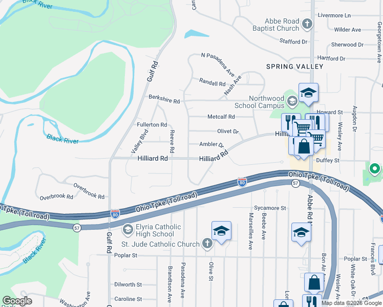 map of restaurants, bars, coffee shops, grocery stores, and more near 406 Hilliard Rd in Elyria
