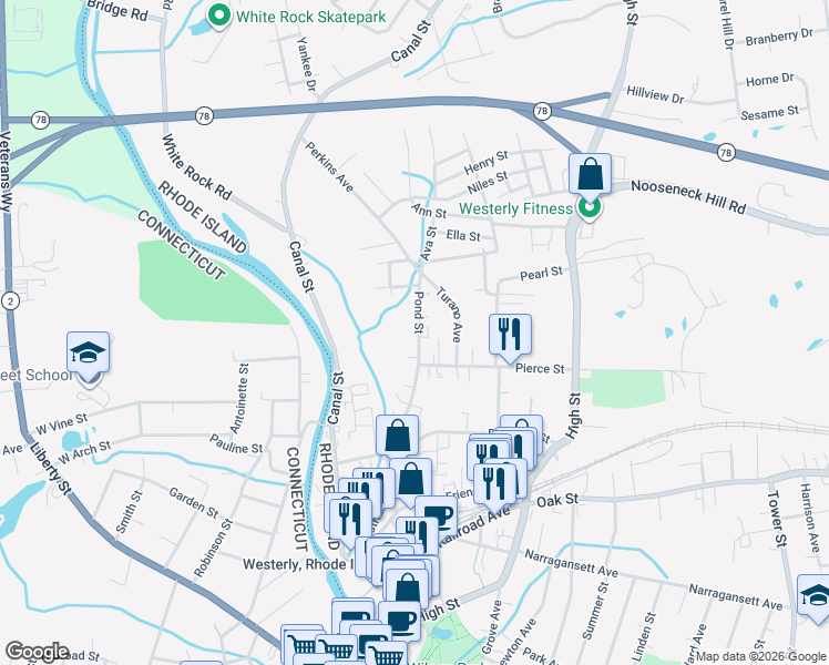 map of restaurants, bars, coffee shops, grocery stores, and more near 11 Pond Street in Westerly