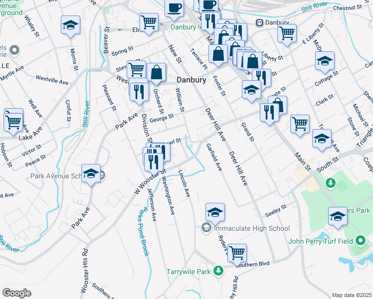 map of restaurants, bars, coffee shops, grocery stores, and more near 5 Spruce Street in Danbury