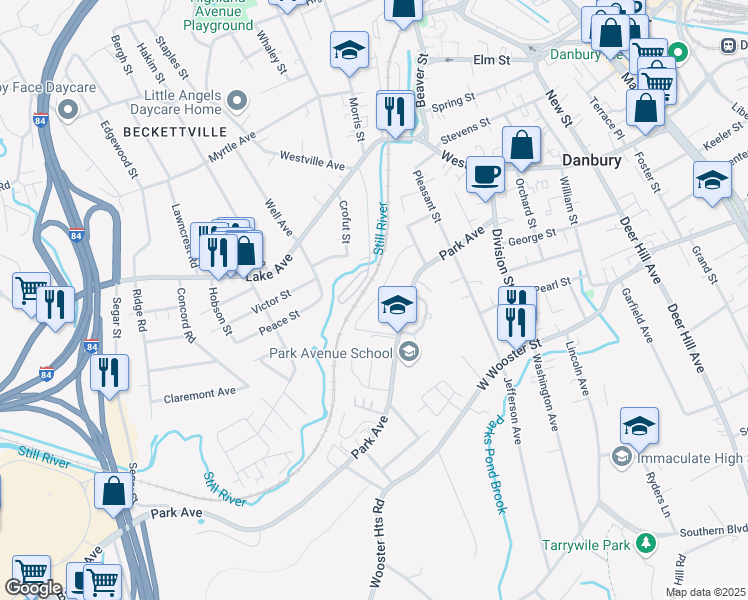 map of restaurants, bars, coffee shops, grocery stores, and more near 108 Linron Drive in Danbury