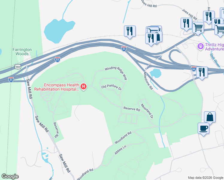 map of restaurants, bars, coffee shops, grocery stores, and more near Center Meadow Lane in Danbury