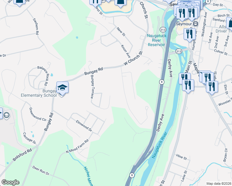 map of restaurants, bars, coffee shops, grocery stores, and more near 26 Emma Street in Seymour