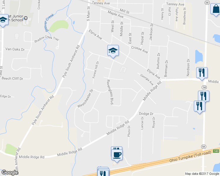 map of restaurants, bars, coffee shops, grocery stores, and more near 195 Ravenglass Boulevard in Amherst