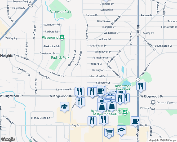 map of restaurants, bars, coffee shops, grocery stores, and more near 6471 Westminster Drive in Parma