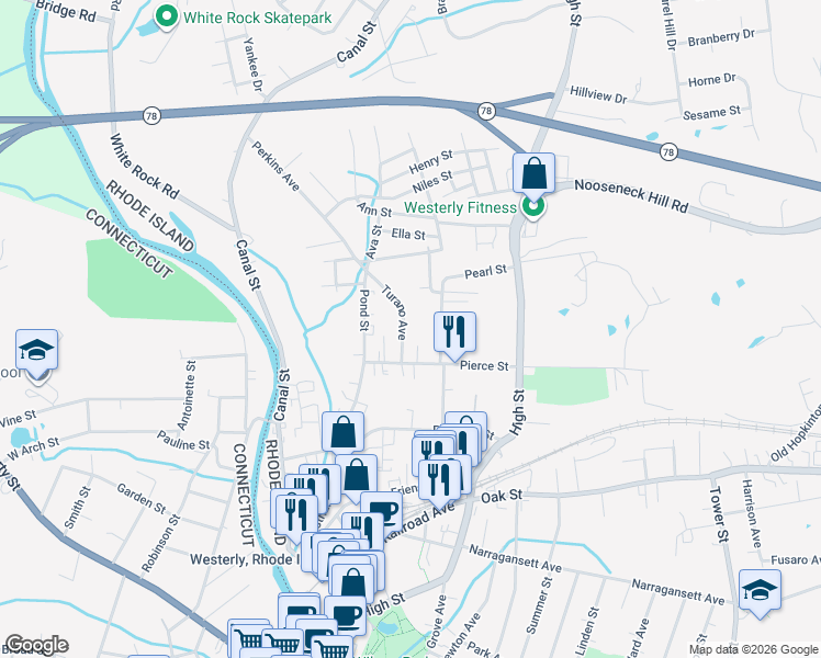 map of restaurants, bars, coffee shops, grocery stores, and more near 11 Turano Ave in Westerly