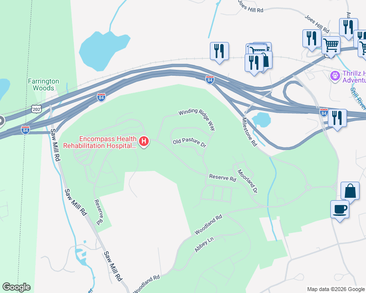 map of restaurants, bars, coffee shops, grocery stores, and more near 114 Center Meadow Lane in Danbury