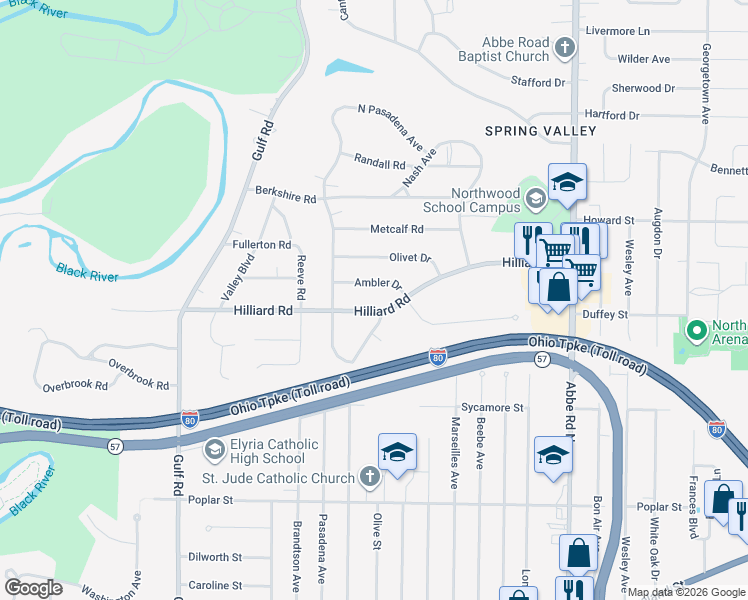 map of restaurants, bars, coffee shops, grocery stores, and more near 434 Hilliard Road in Elyria