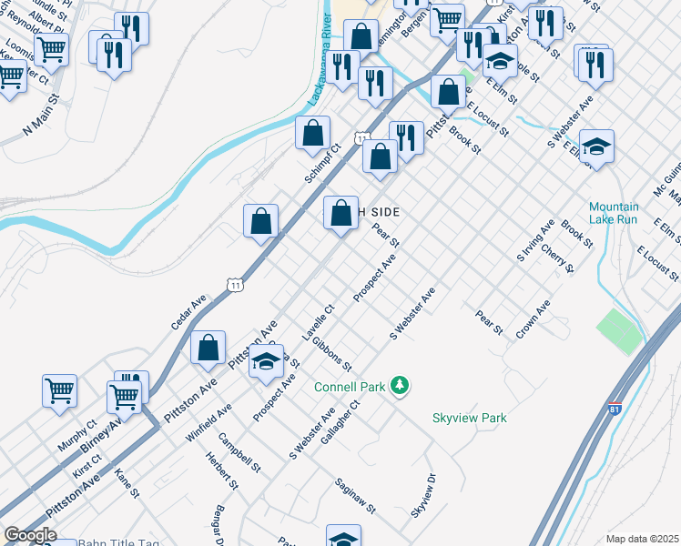 map of restaurants, bars, coffee shops, grocery stores, and more near 517 Breck Street in Scranton