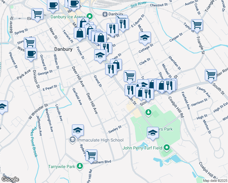 map of restaurants, bars, coffee shops, grocery stores, and more near 42 Main Street in Danbury