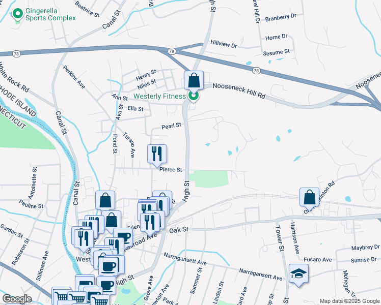 map of restaurants, bars, coffee shops, grocery stores, and more near 189 High Street in Westerly