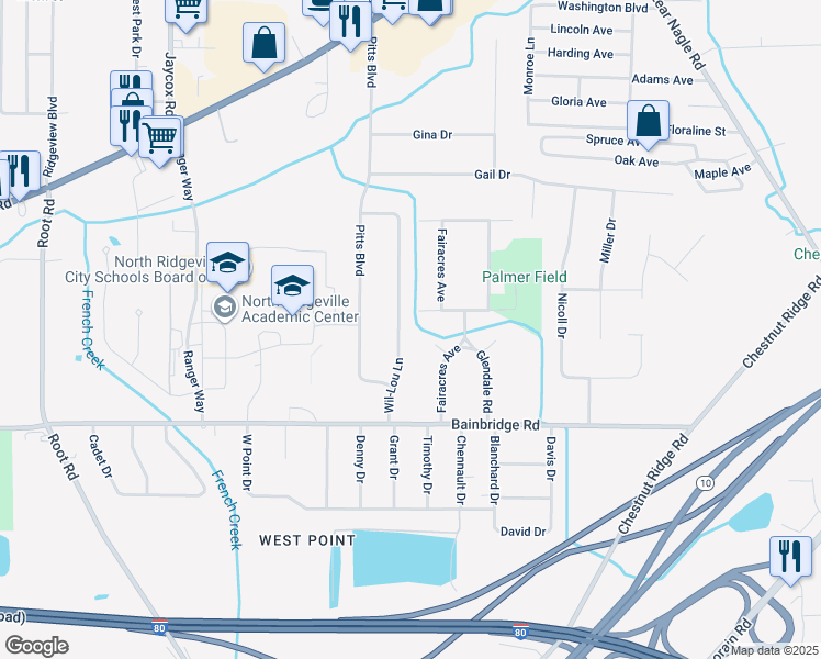 map of restaurants, bars, coffee shops, grocery stores, and more near 7137 Wil-Lou Lane in North Ridgeville