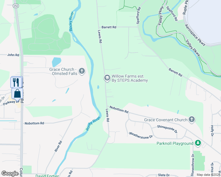 map of restaurants, bars, coffee shops, grocery stores, and more near 7521 Lewis Road in Cuyahoga County